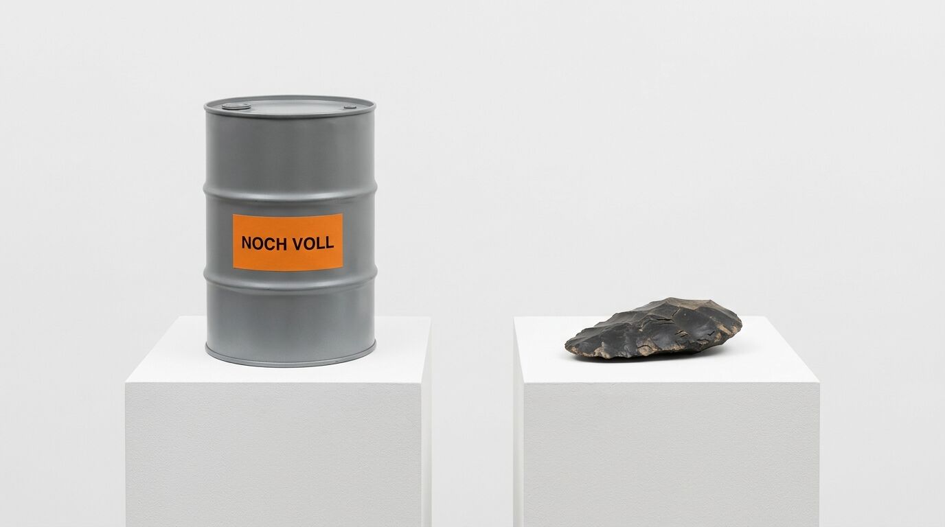 Zwei weiße Podeste, links ein graues Fass mit Aufschrift „NOCH VOLL“, rechts ein Steinwerkzeug