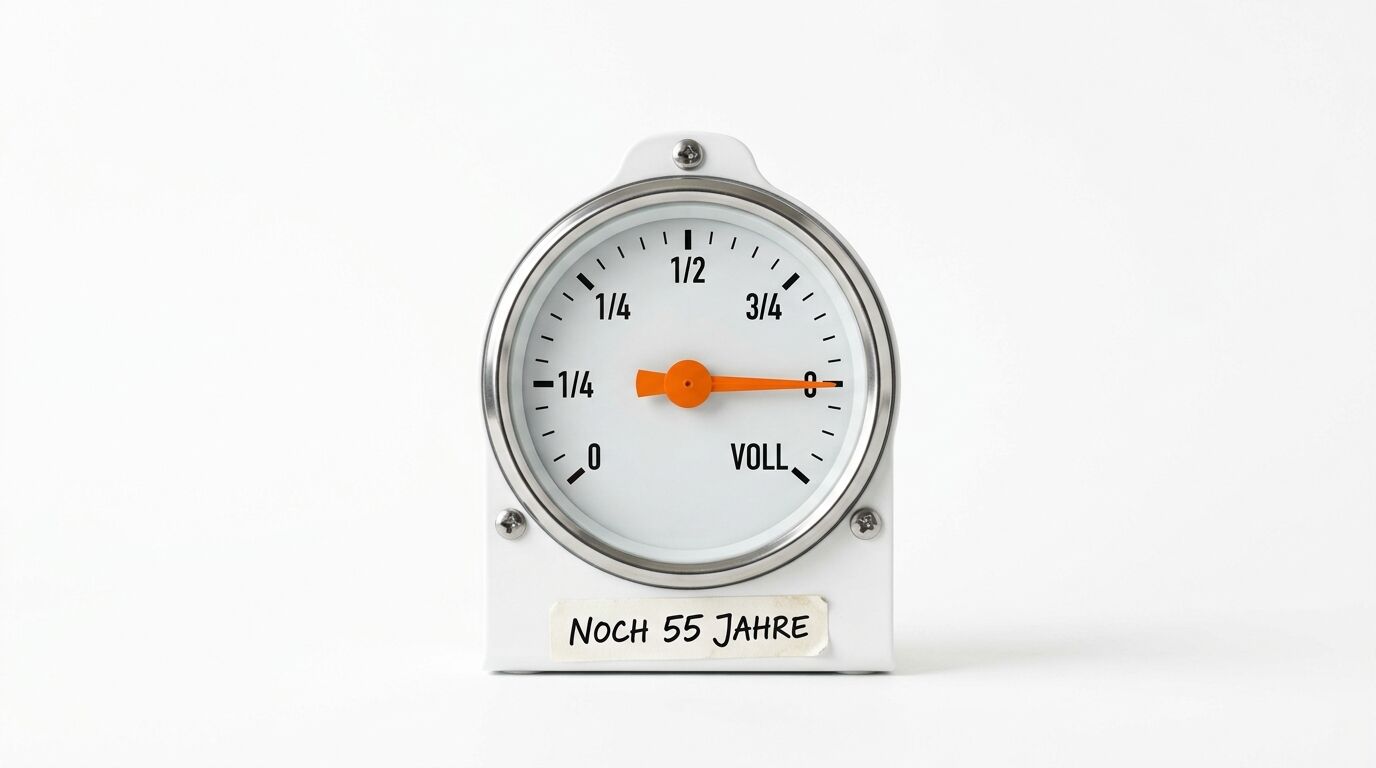 Analoges Füllstandsmessgerät mit Zeiger kurz vor „voll“ und Beschriftung „NOCH 55 JAHRE“