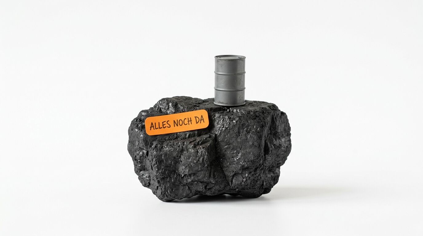 Kohlebrocken mit Ölfass und orangefarbenem Schild: ALLES NOCH DA
