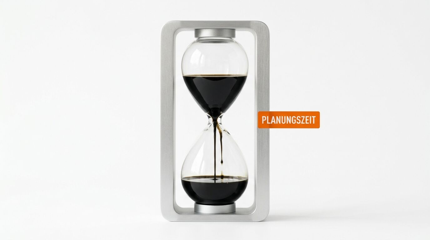 Sanduhr mit schwarzer Flüssigkeit und dem orangefarbenen Label