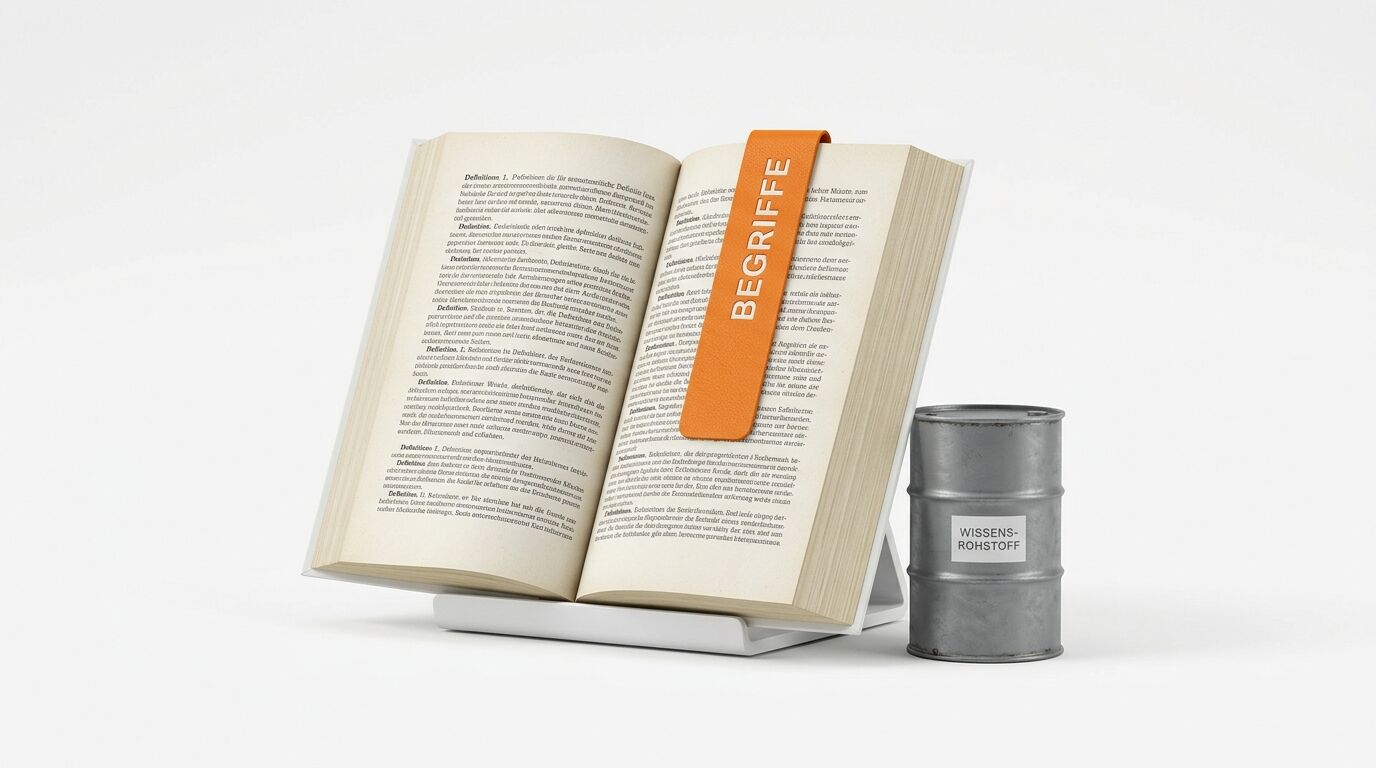 Ein offenes Buch mit orangefarbenem Lesezeichen neben einem kleinen Metallfass