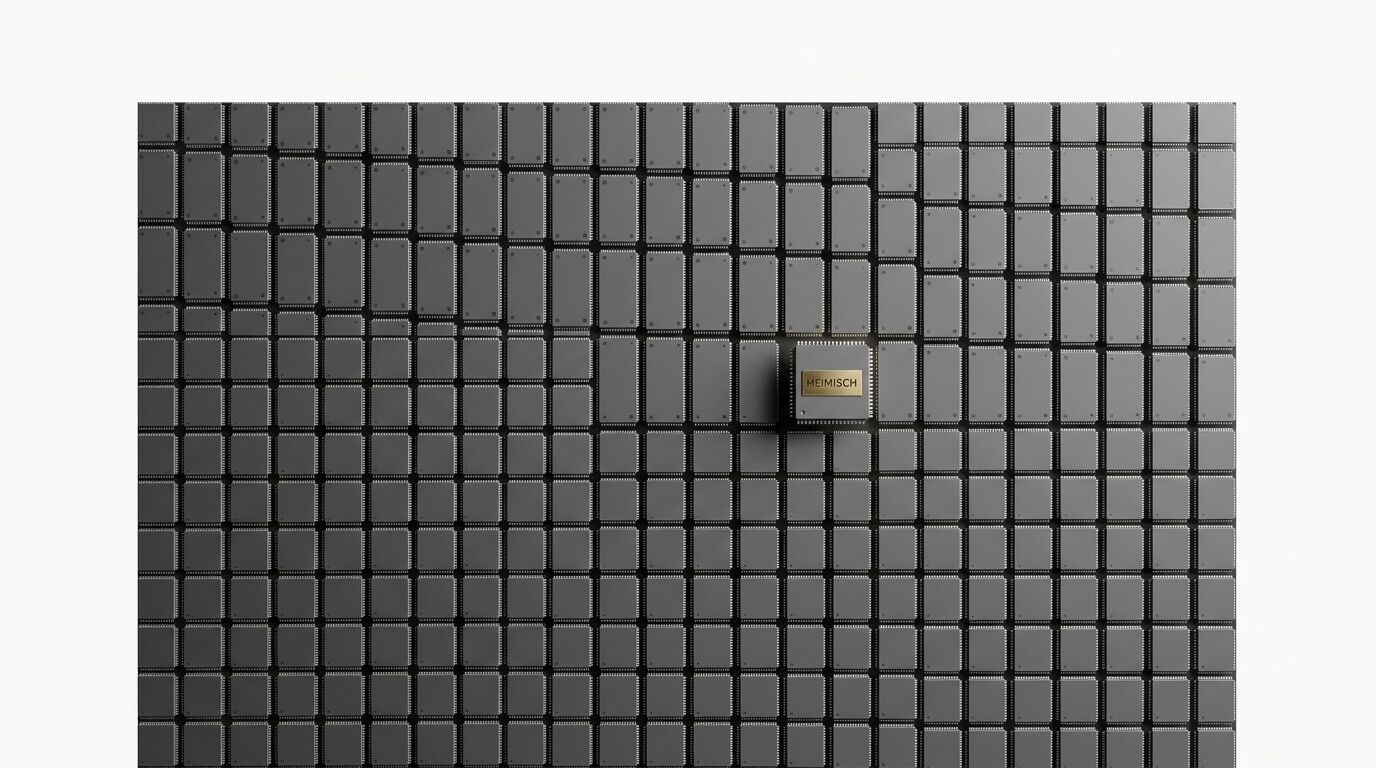 Feld aus grauen Mikrochips mit einem hervorgehobenen goldenen MEIMISCH-Chip rechts der Mitte