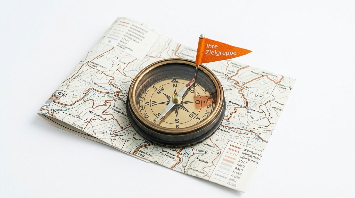 Kompass auf topografischer Karte mit orange Zielgruppen-Flagge, Navigationsinstrumente für Orientierung