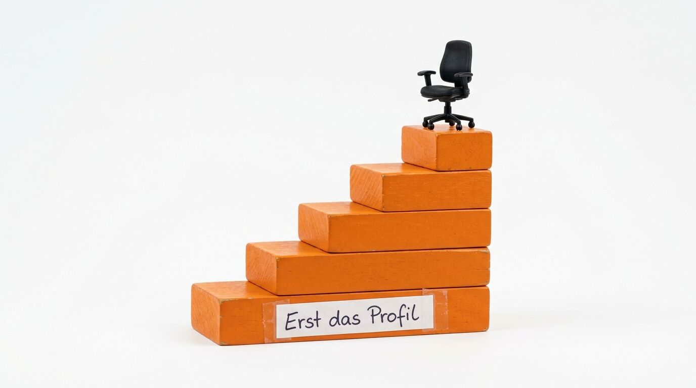 Schwarzer Bürostuhl auf einer Treppe aus fünf orangefarbenen Holzblöcken. Auf dem untersten Block steht "Erst das Profil"