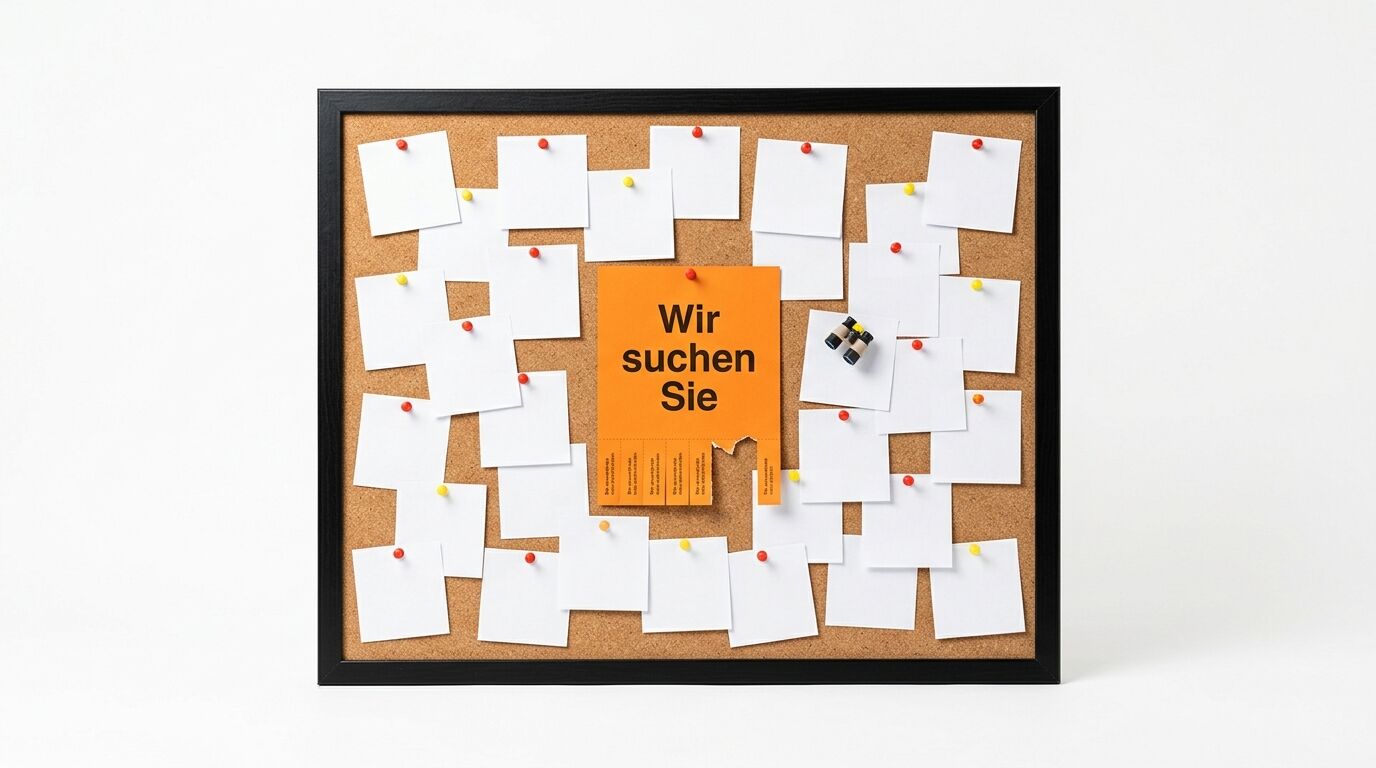 Pinnwand mit schwarzem Rahmen, Korkoberfläche, weißen Notizzetteln mit roten und gelben Stecknadeln, zentral orange Schild "Wir suchen Sie"