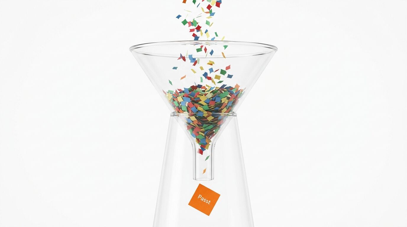 Glastrichter mit bunten Konfetti-Partikeln, die oben herausfallen und unten sammeln. Orange "Passt"-Etikett sichtbar