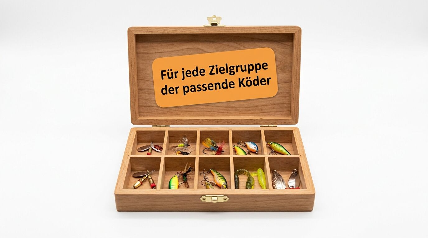 Holzkasten mit Angelködern in verschiedenen Fächern. Oranges Etikett mit Text "Für jede Zielgruppe der passende Köder"