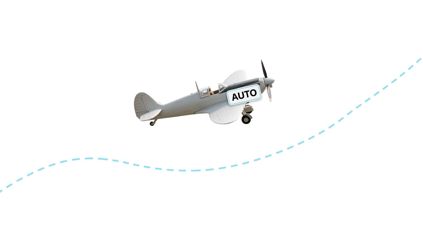 Ein graues Propellerflugzeug auf weißem Grund mit gestrichelter Linie und Textbox „AUTO“