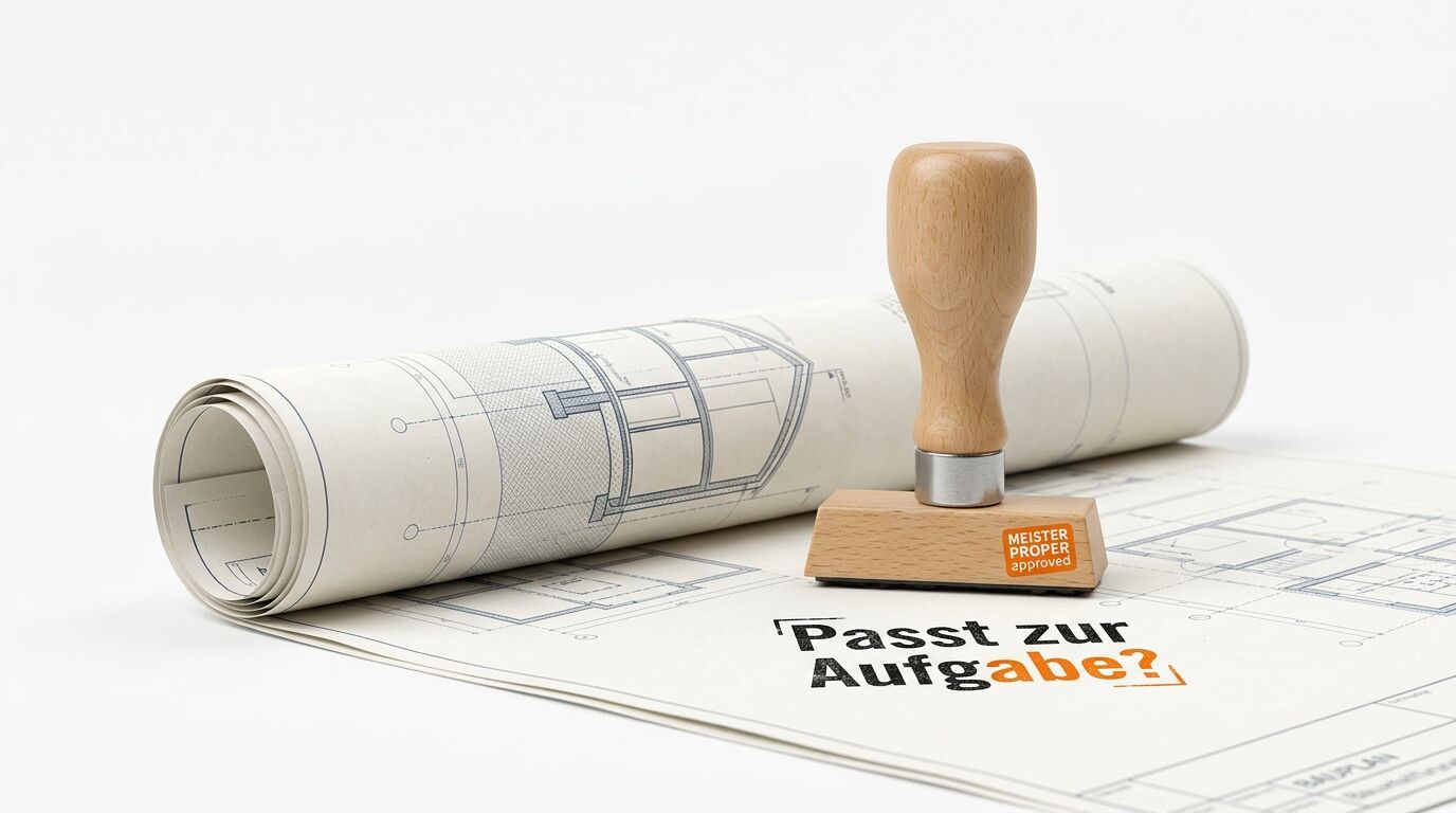 Ein Holzstempel auf einem Bauplan mit der Aufschrift „Passt zur Aufgabe?“ und „MEISTER PROPER approved“