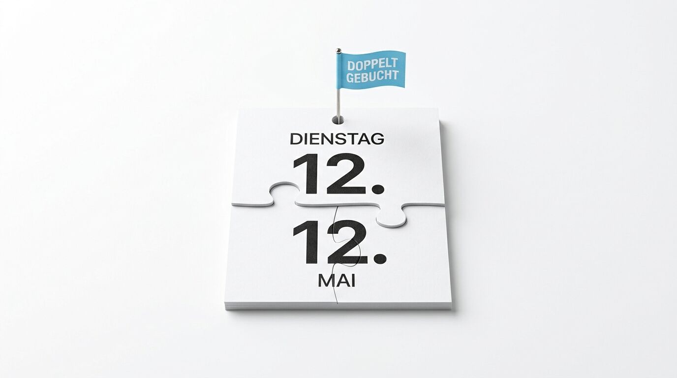 Puzzle-Kalender mit blauer Flagge "DOPPELT GEBUCHT" zeigt Dienstag 12. Mai