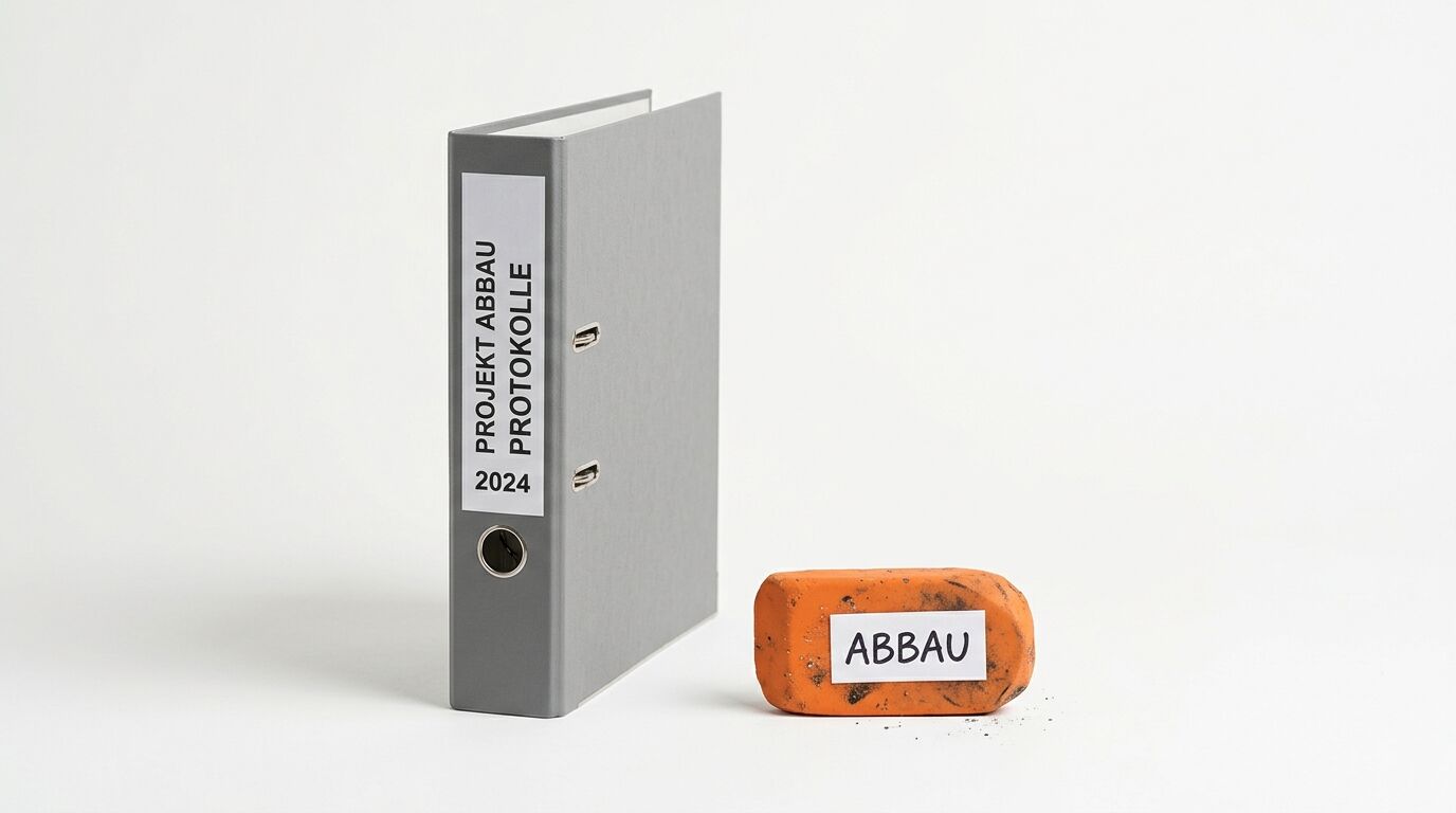 Aktenordner mit Aufschrift 'Abbau' und ein Radiergummi mit Aufschrift 'Abbau'