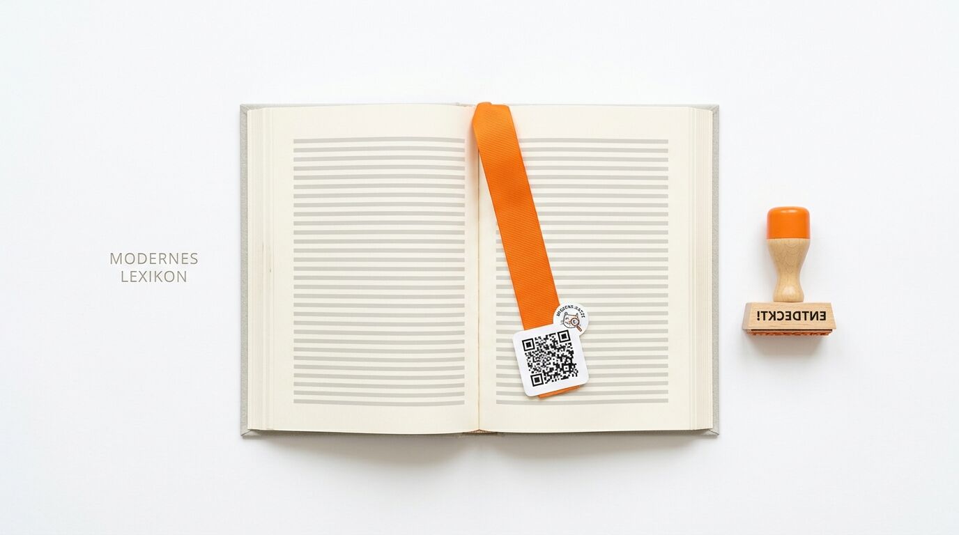 Offenes liniertes Notizbuch mit orangefarbenem Lesezeichen (QR-Code) und Holzstempel auf Weiß