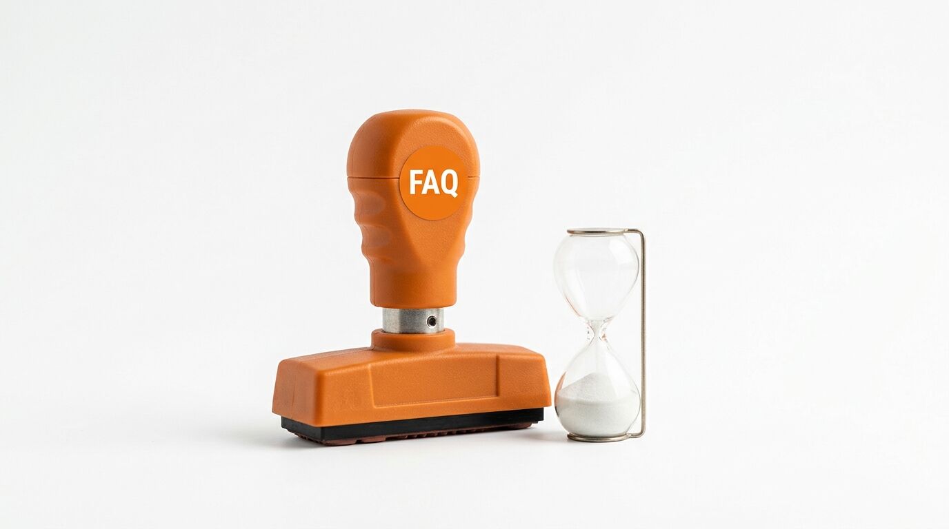 Oranger Stempel mit FAQ-Aufschrift und eine Eieruhr auf weißem Hintergrund