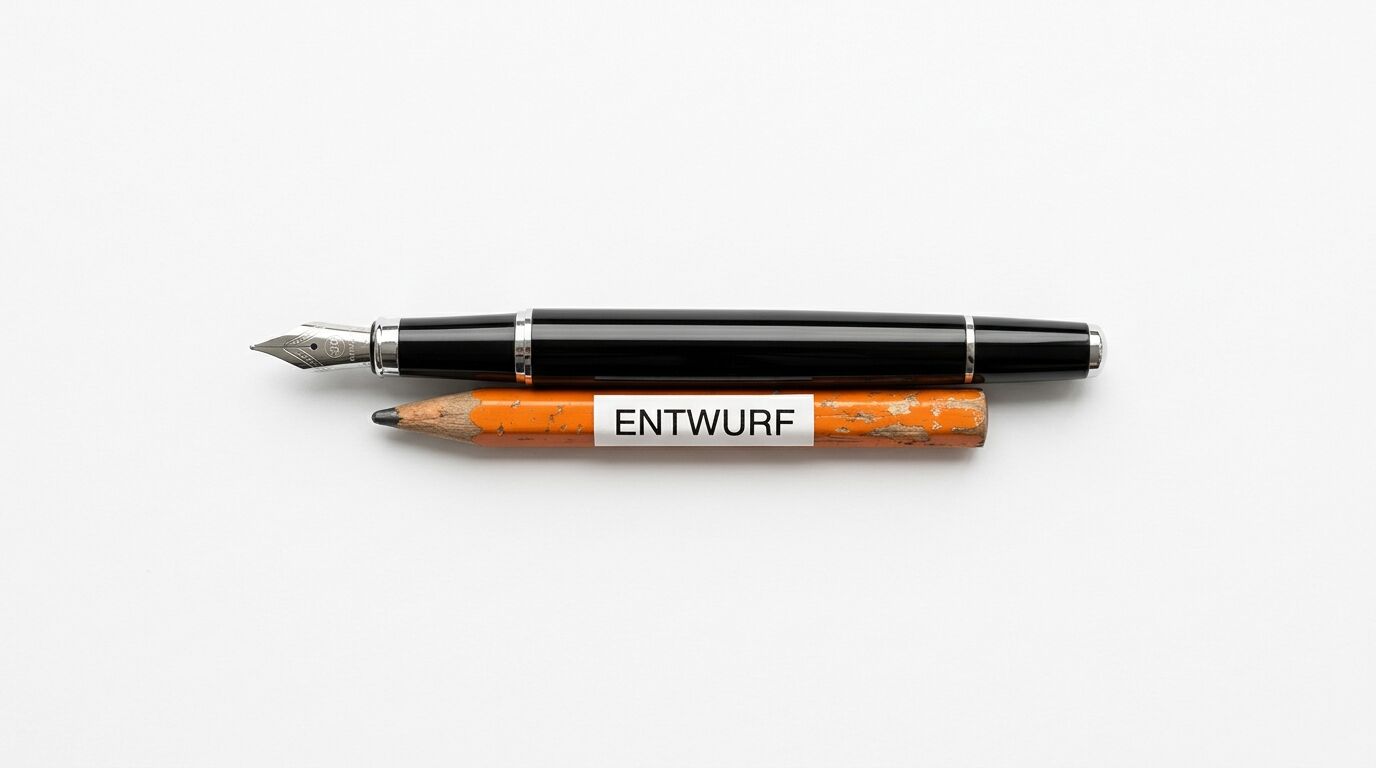 Füllfederhalter über Bleistift mit „ENTWURF“-Schriftzug vor weißem Hintergrund