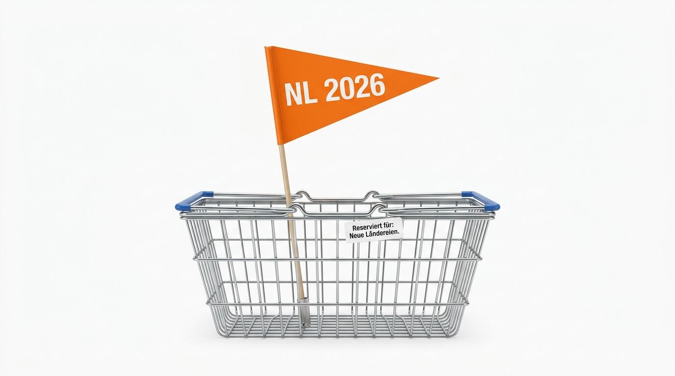 Drahteinkaufskorb mit orangefarbenem Wimpel „NL 2026“ und kleinem Reservierungsschild davor