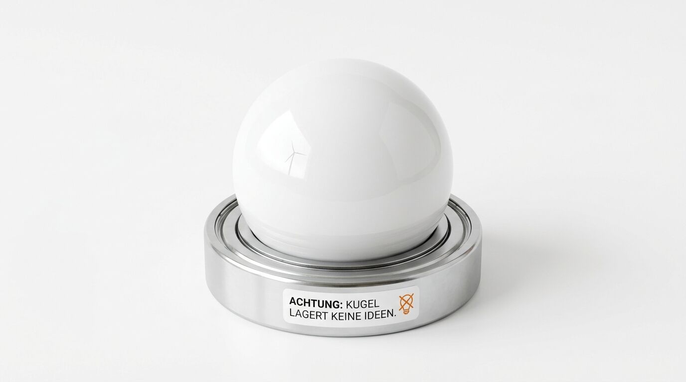 Weiße Kugel auf Metallsockel mit Aufkleber „ACHTUNG: KUGEL LAGERT KEINE IDEEN.“