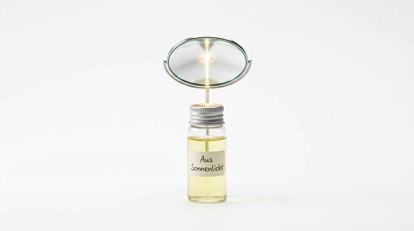 Ein Glasfläschchen mit gelber Flüssigkeit und der Aufschrift „Aus Sonnenlicht“. Darüber ein konkaver Spiegel
