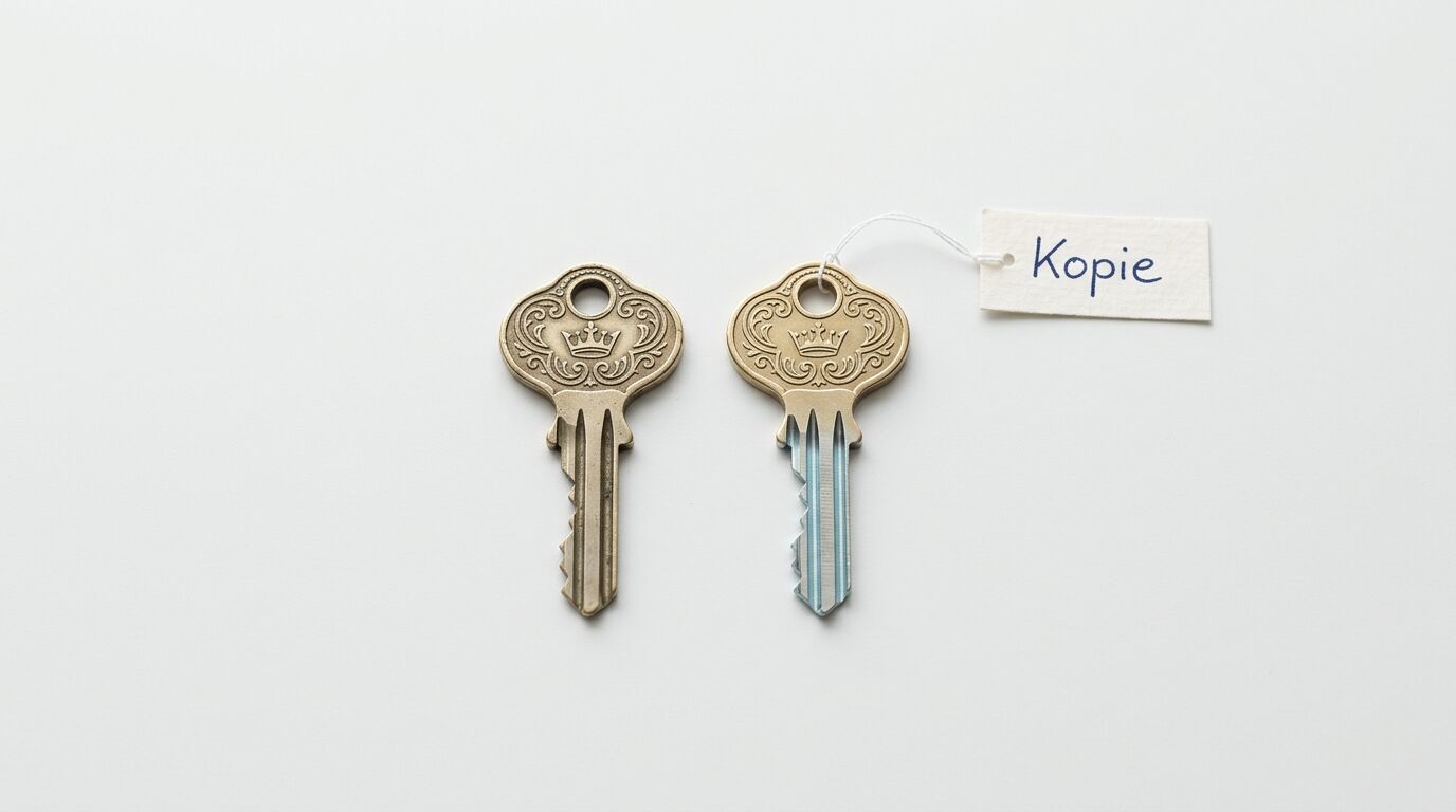 Zwei goldfarbene Schlüssel mit Kronenmotiv, einer mit Anhänger „Kopie“, auf weiß