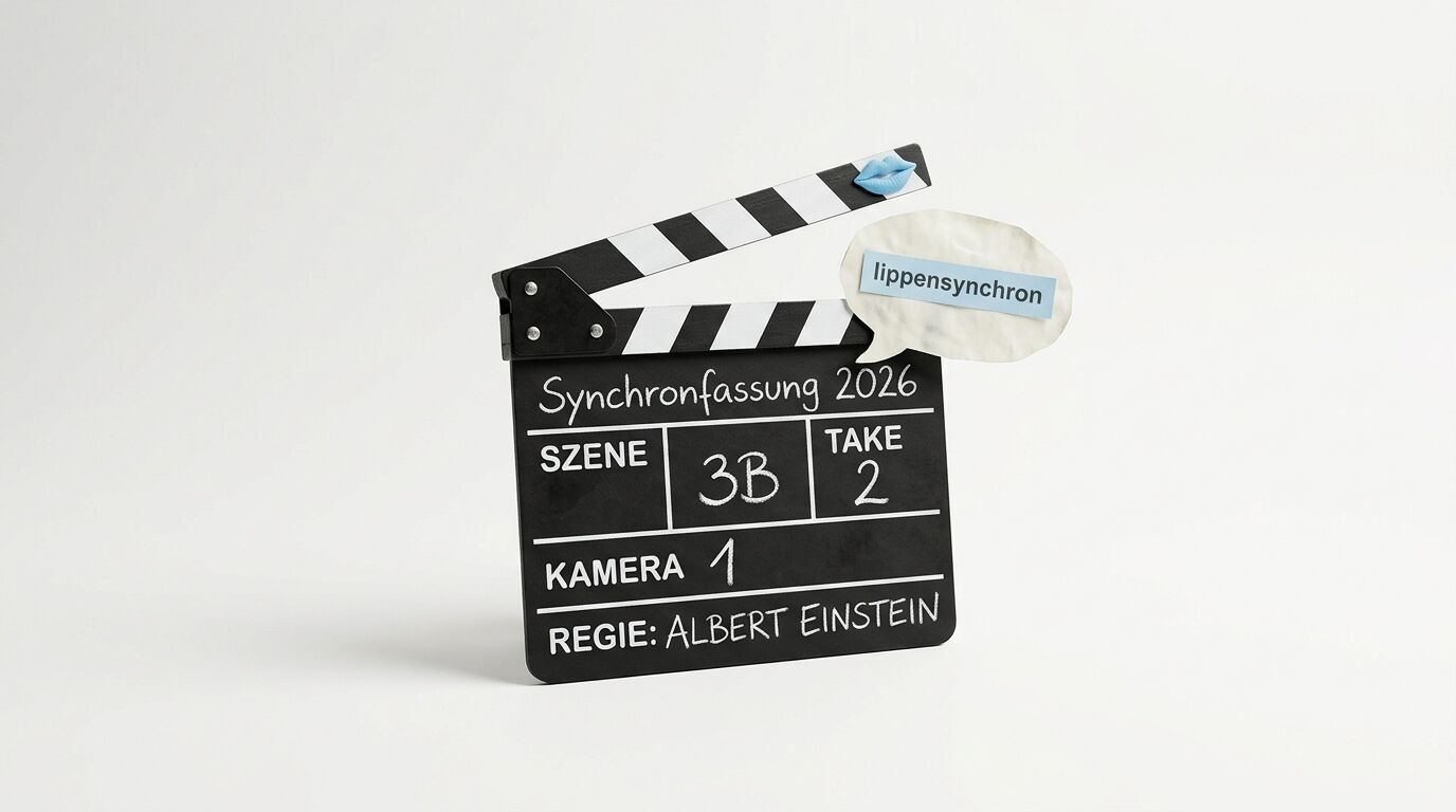 Filmklappe mit deutschen Beschriftungen und einer Sprechblase auf weißem Hintergrund