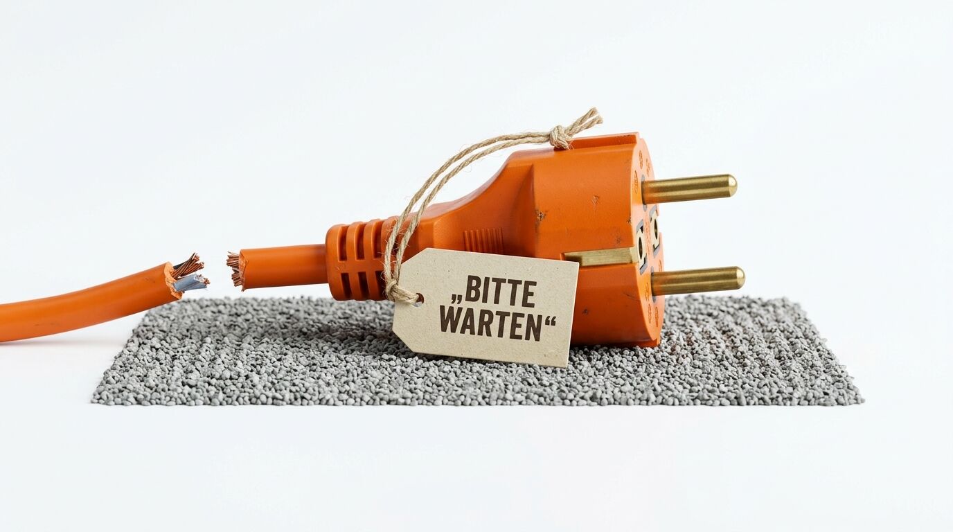 Oranger Schukostecker, defektes Kabel und Anhänger „BITTE WARTEN“ auf Granulat