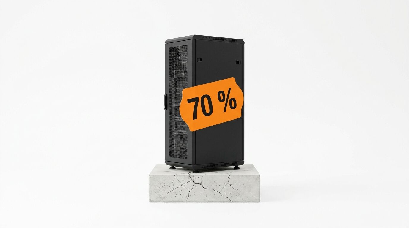 Schwarzer Serverschrank auf Betonblock mit orangefarbenem „70 %“-Schild