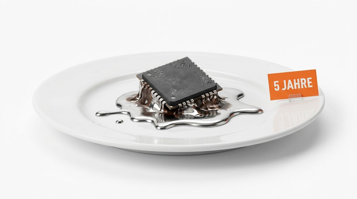 Ein Mikrochip liegt auf einem weißen Teller in einer Lache aus flüssigem Metall. Daneben ein Schild