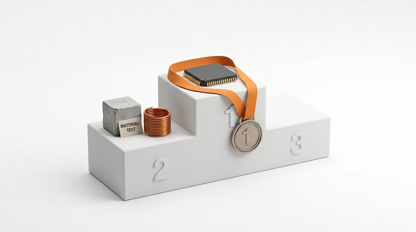 Podium mit Mikrochip, Medaille, Kupferdraht und Betonwürfel auf weißem Grund