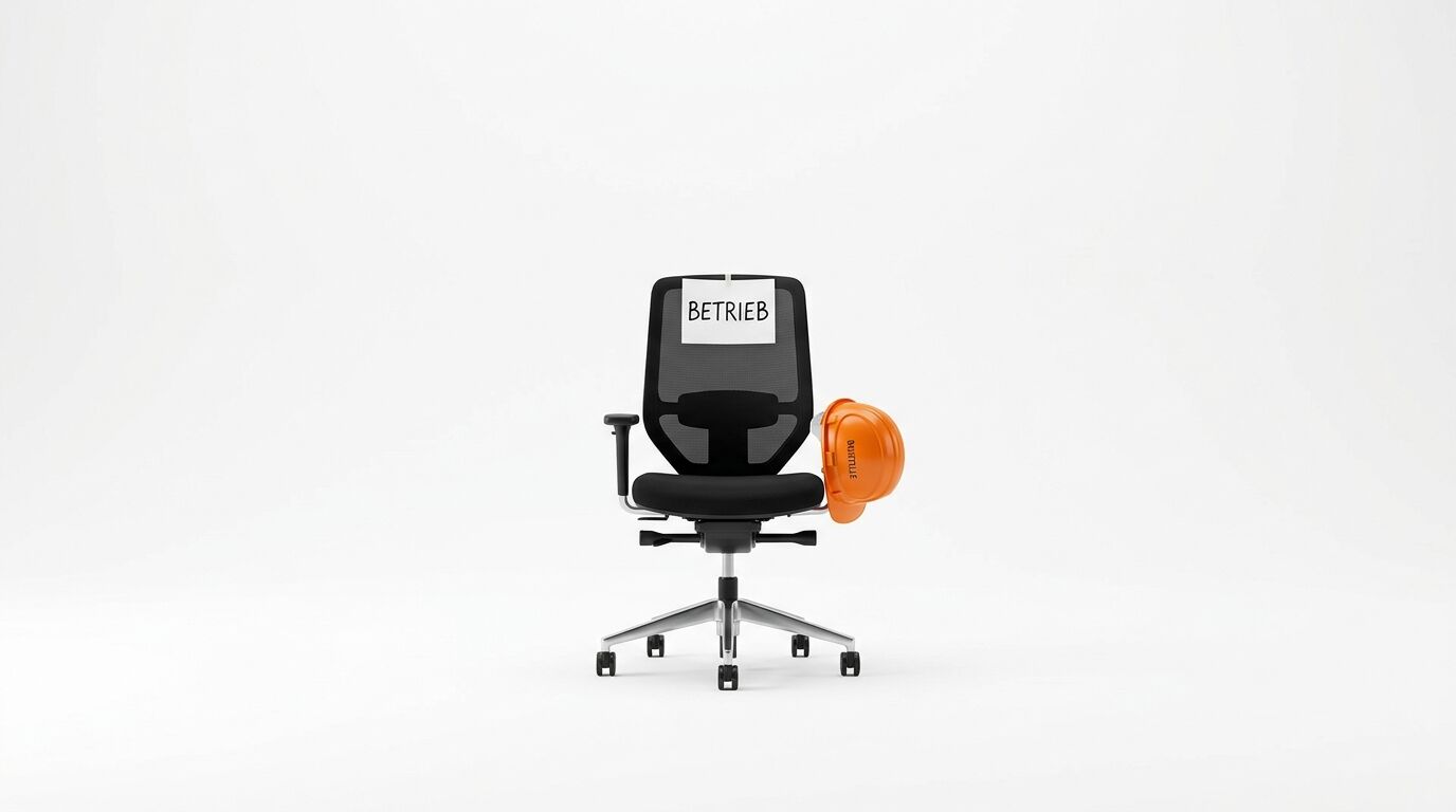 Bürostuhl mit „BETRIEB“-Schild an der Lehne und Bauhelm auf der Armlehne vor weißem Hintergrund