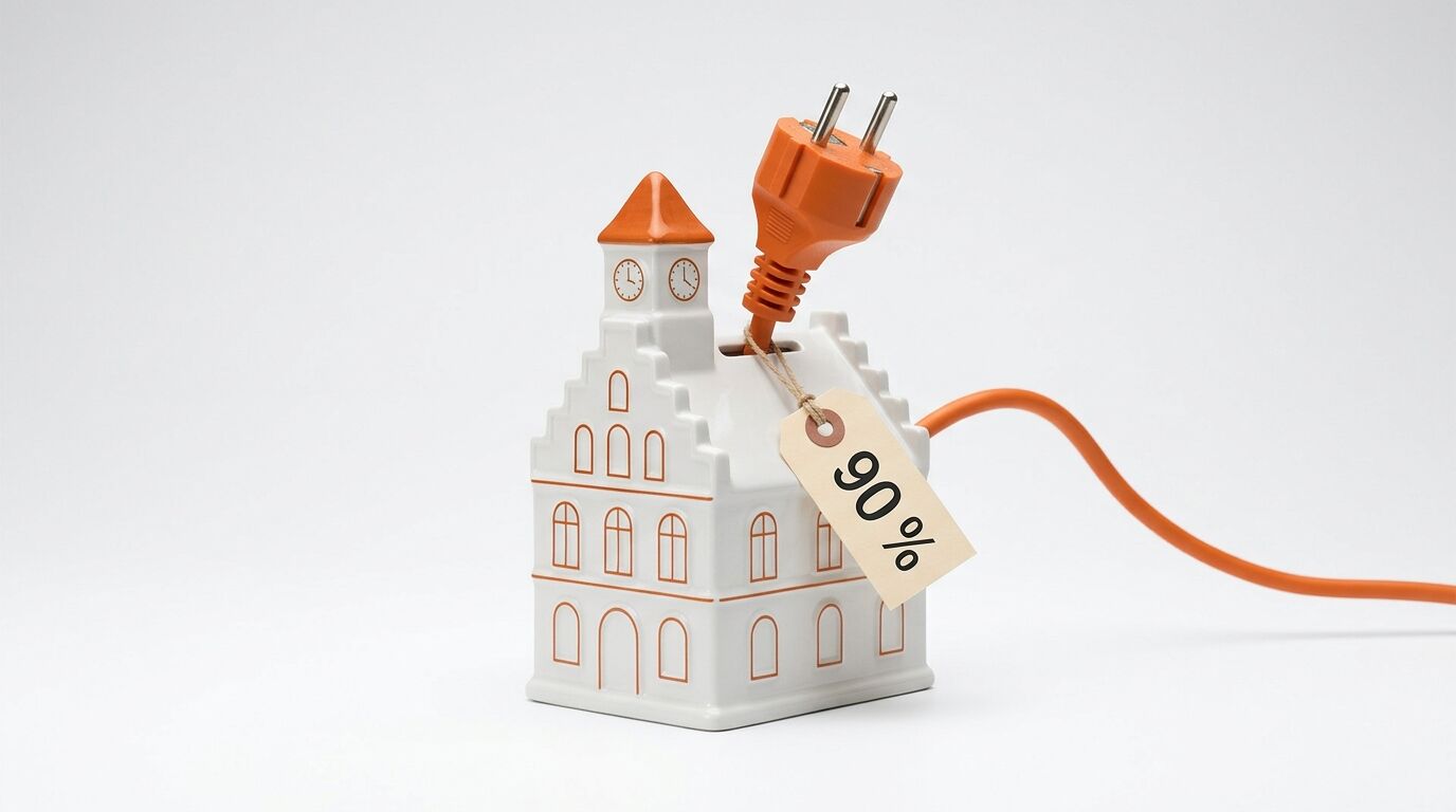 Keramikhaus mit orangefarbenem Stecker und Kabel, daran ein Etikett mit „90 %“