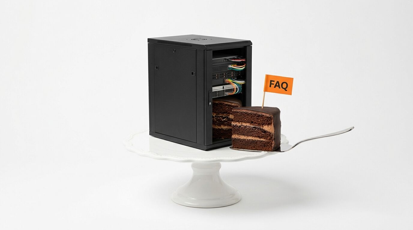 Ein Serverschrank als Kuchen auf einer Etagere mit einem Tortenstück und FAQ-Fahne