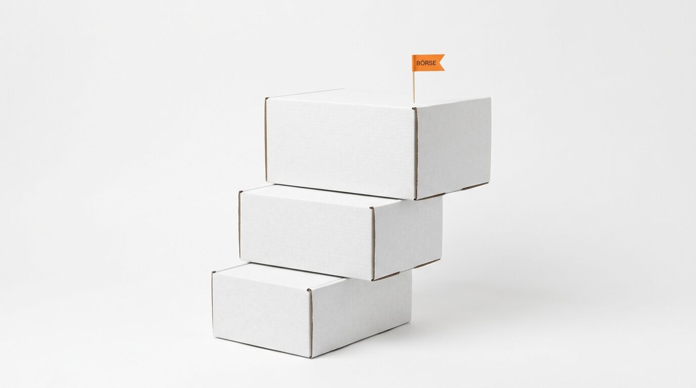 Drei gestapelte weiße Kartons mit einem kleinen orangefarbenen Fähnchen oben