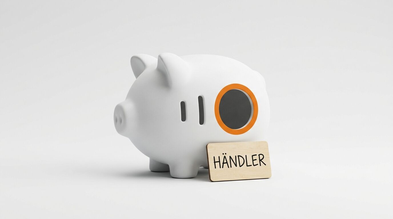 Ein weißes Sparschwein mit orangefarbenem Ring und einem Holzschild mit der Aufschrift „HÄNDLER“