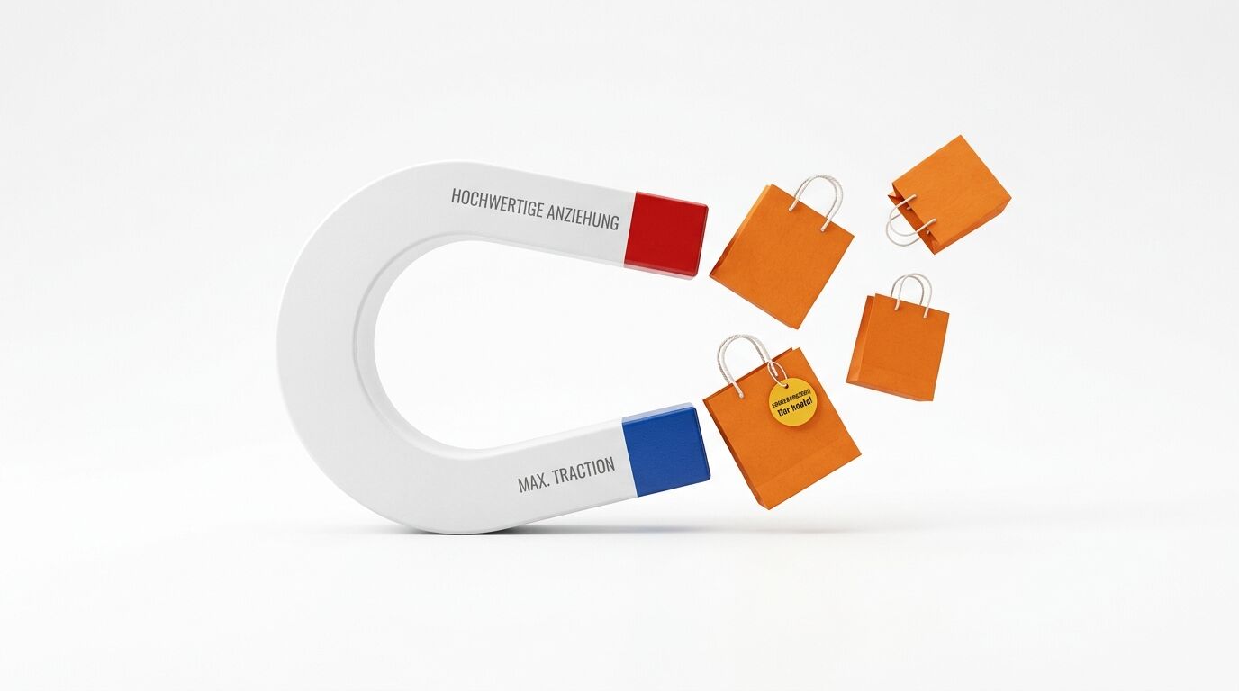 Ein Magnet zieht vier orangefarbene Einkaufstüten auf einem weißen Hintergrund an