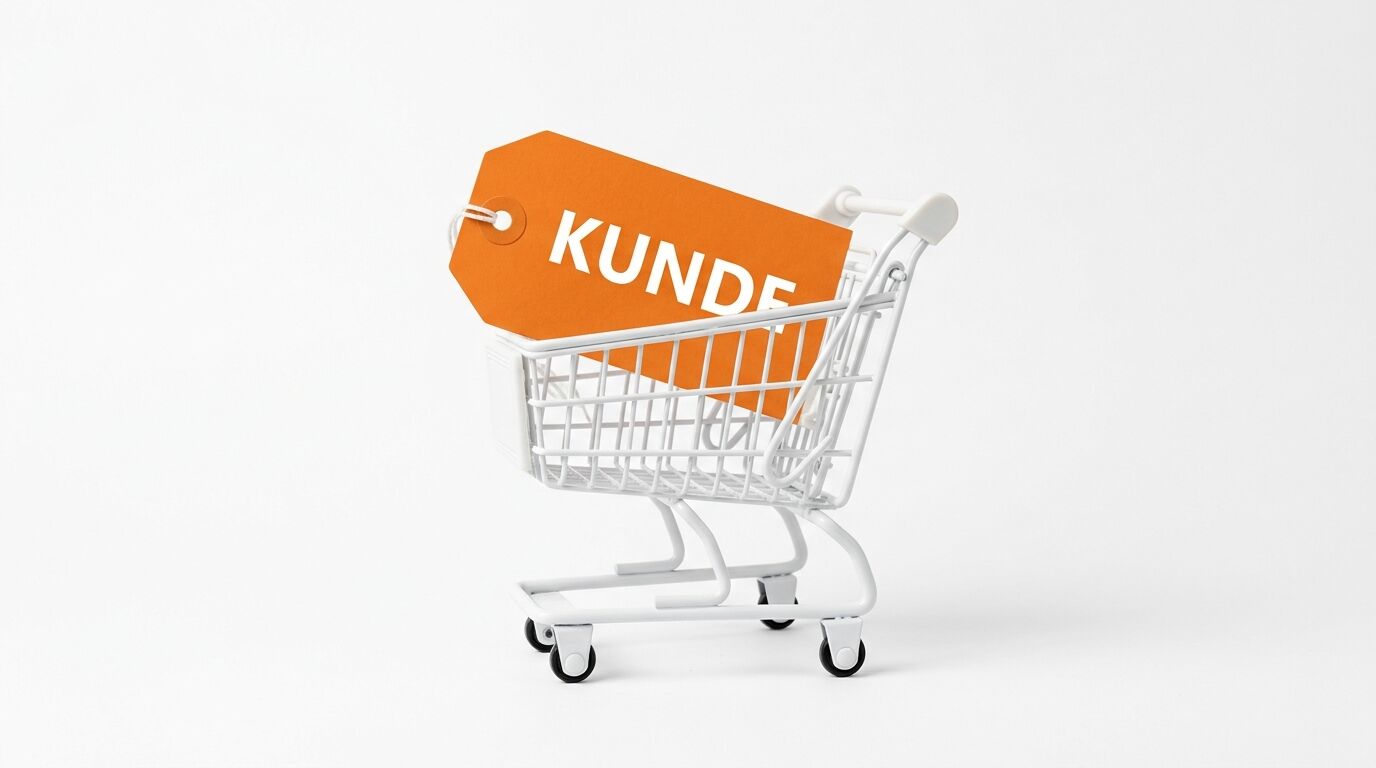 Ein weißer Miniatur-Einkaufswagen enthält ein orangefarbenes Preisschild mit der Aufschrift „KUNDE“