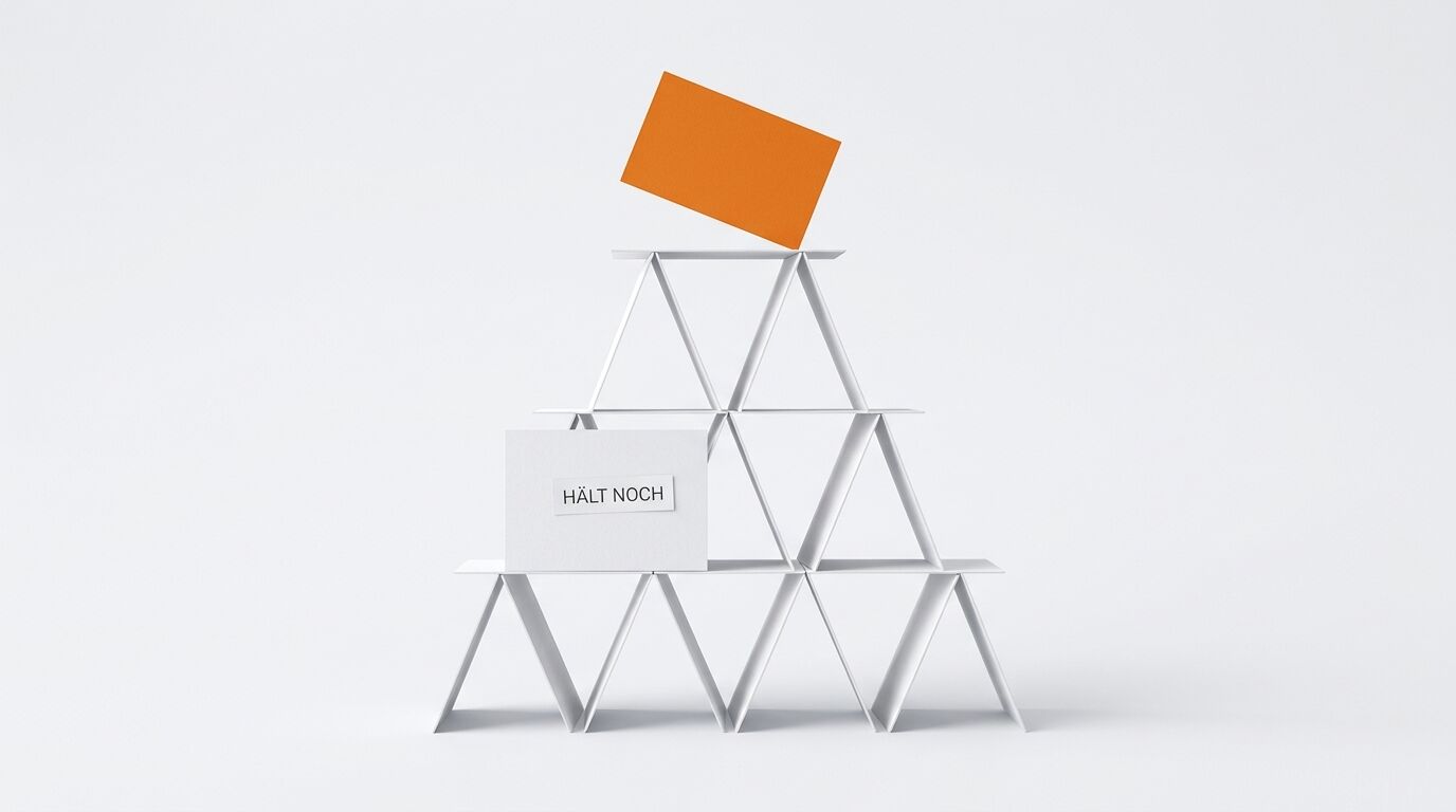 Kartenhaus, mittig orange Karte schräg oben, links Karte mit Text „HÄLT NOCH“