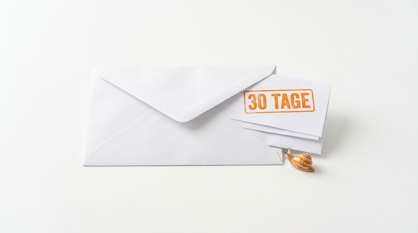 Geöffneter Umschlag, Zettel mit orangefarbenem Stempel „30 TAGE“, kleine Schnecke