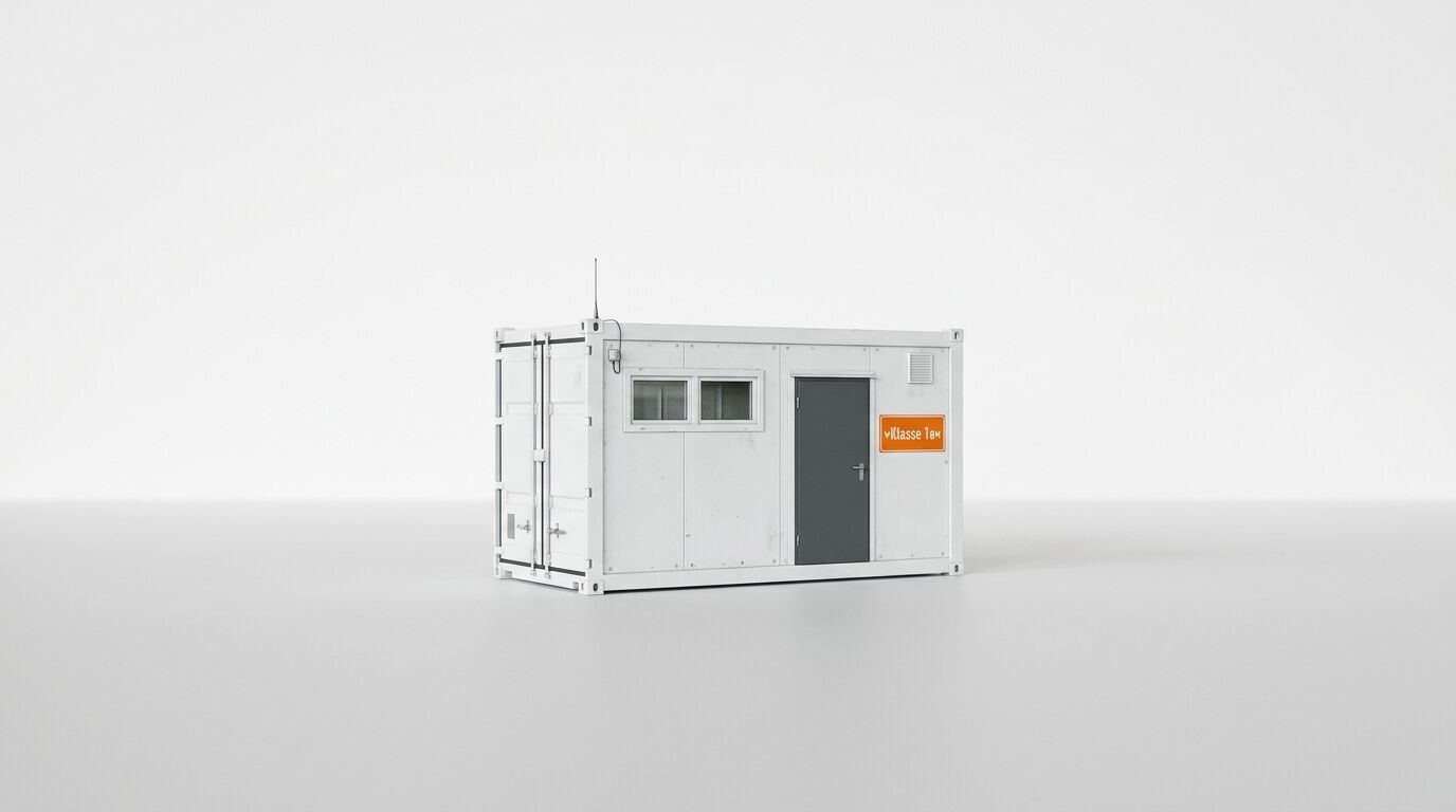 A white construction container on a white background, equipped with a dark grey door and two windows