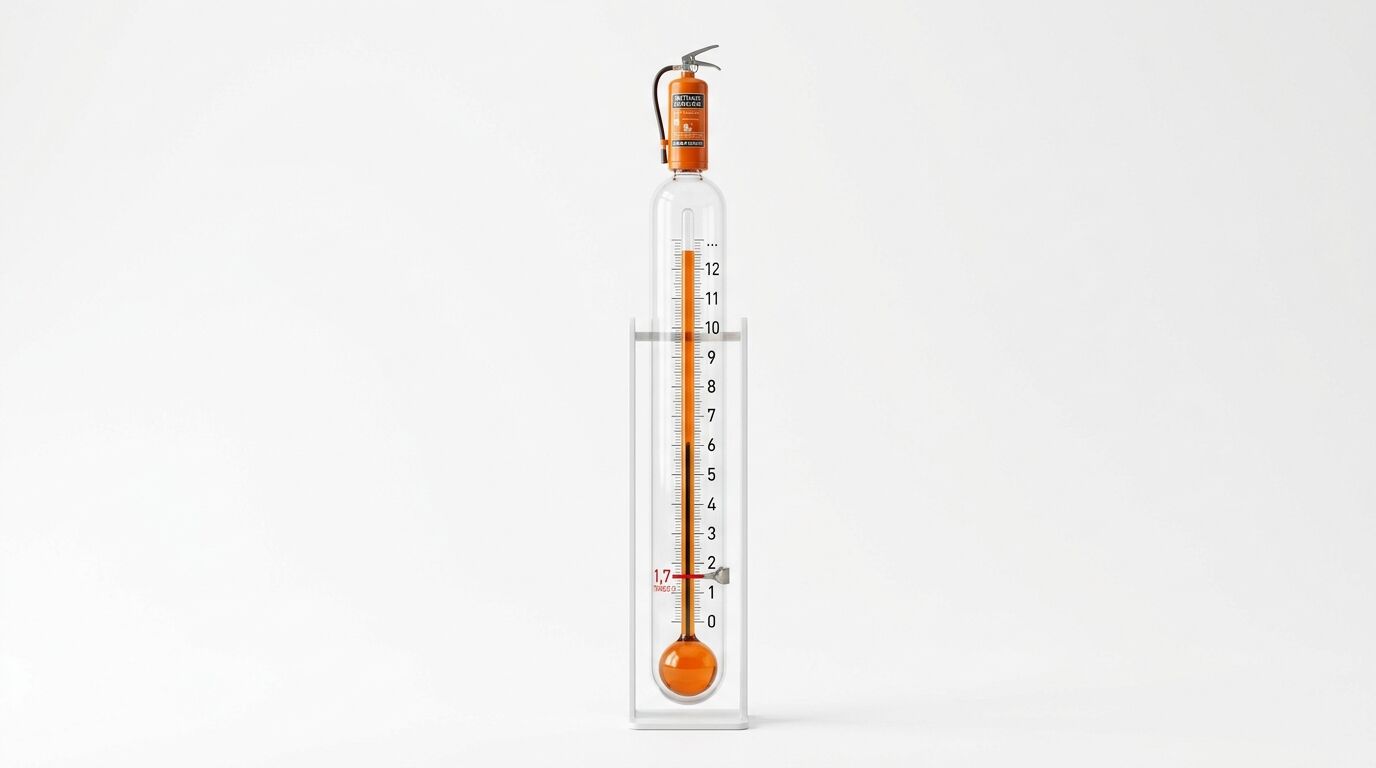 Ein großes, aufrecht stehendes Thermometer mit einem Feuerlöscher obenauf