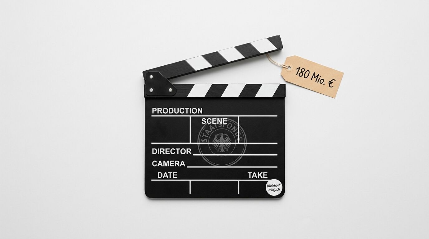 Filmklappe mit „STAATSFONDS“-Wasserzeichen, 180-Mio.-€-Preisschild und „Rückkauf möglich“-Aufkleber