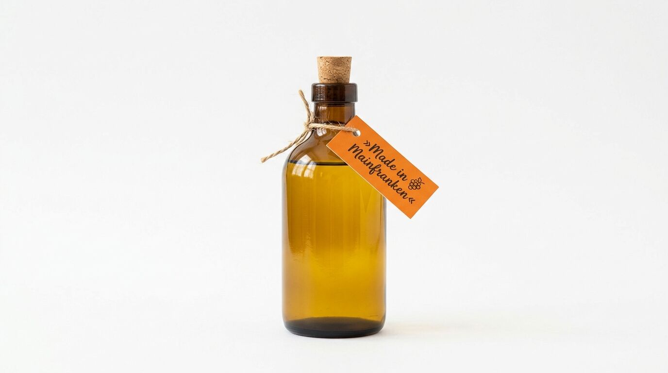 Braunglasflasche mit Korken, orangefarbenem Anhänger und Schnur vor weißem Hintergrund