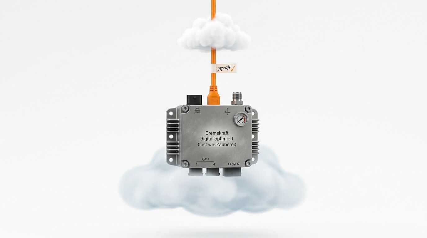 Bremskraftregler mit deutschem Text an Kabel und Cloud gehängt