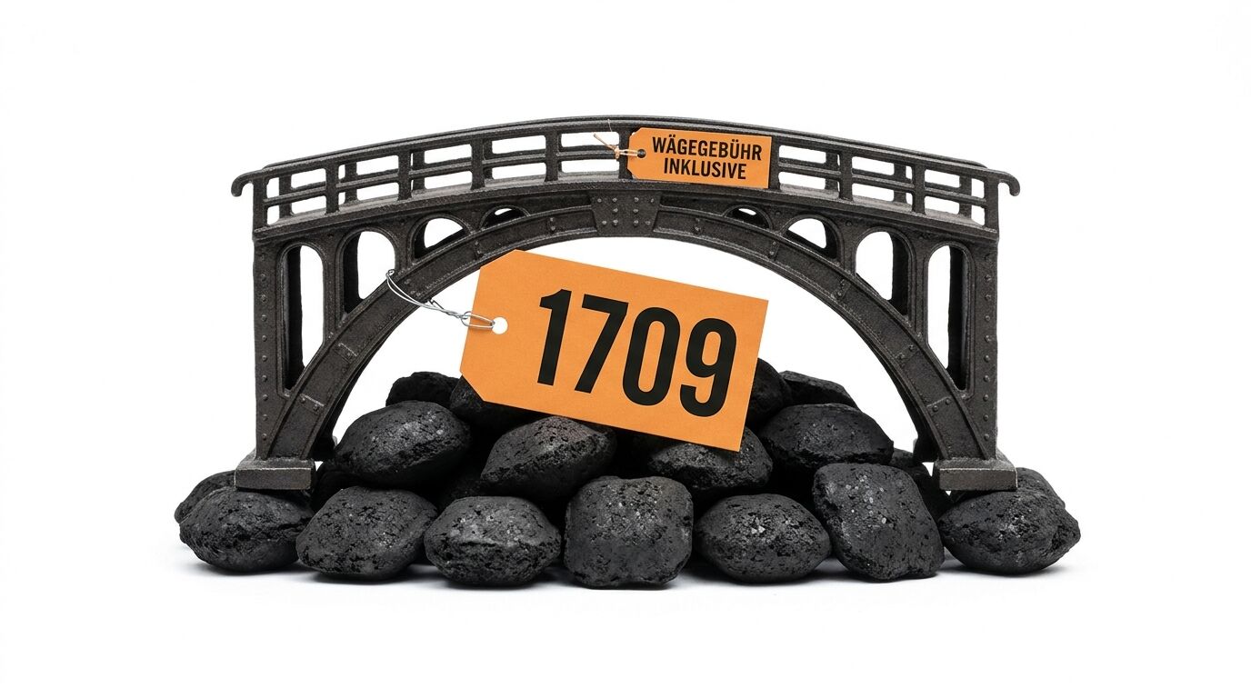 Modell-Fachwerkbrücke über Kohlebriketts mit orangefarbenem Anhänger und Zahl „1709“
