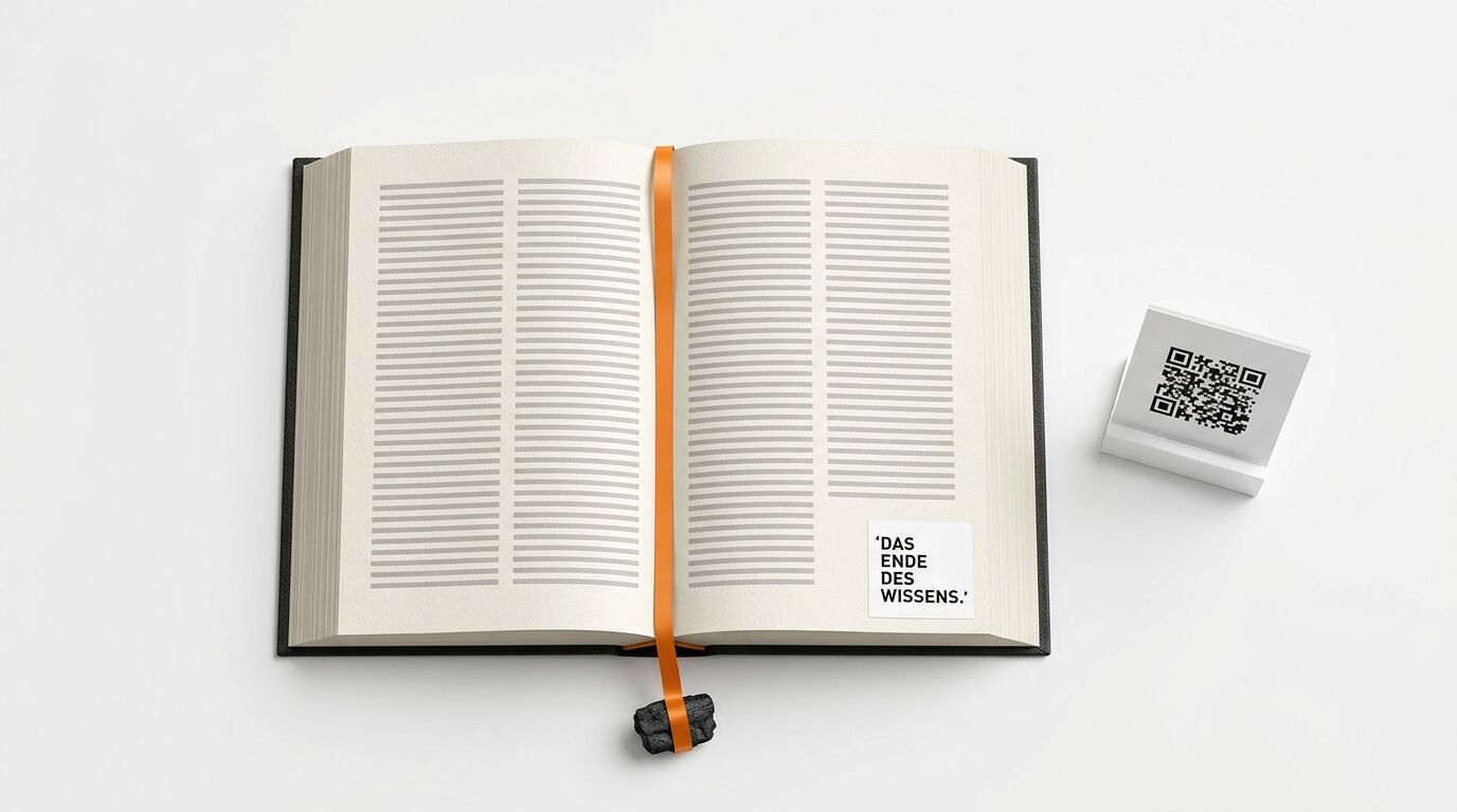 Ein aufgeschlagenes Buch mit einem Lesezeichen, einem Zitat und einem QR-Code-Aufsteller daneben