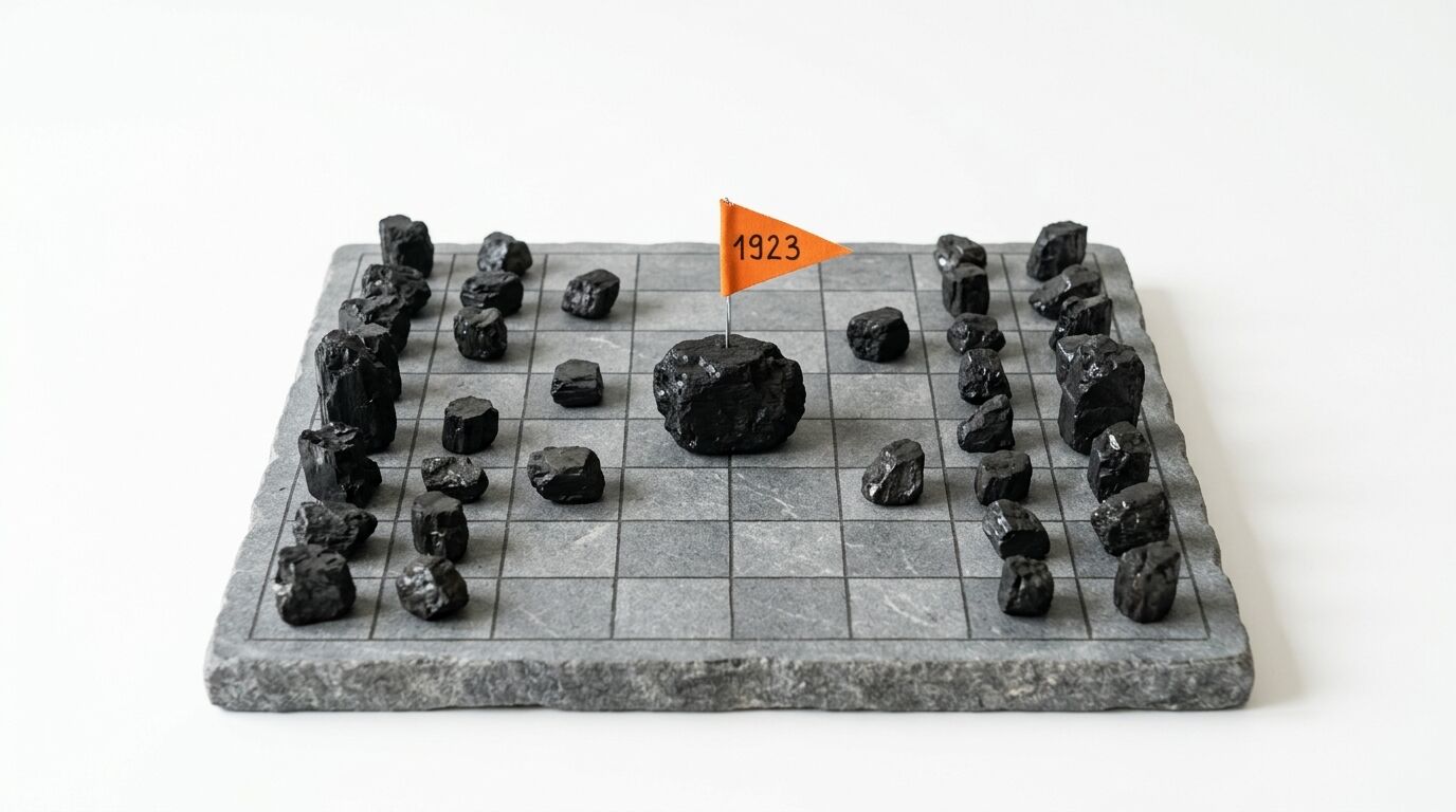 Schieferbrett mit Kohlenstücken als Spielfiguren, zentral eine Fahne mit der Jahreszahl 1923