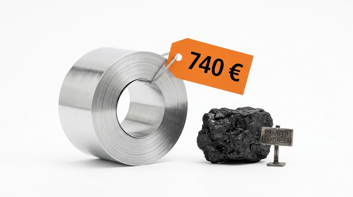 Metallspule mit 740 € Etikett neben Kohlestück und Schild „Der Stein der Weisen?“ auf weißem Grund
