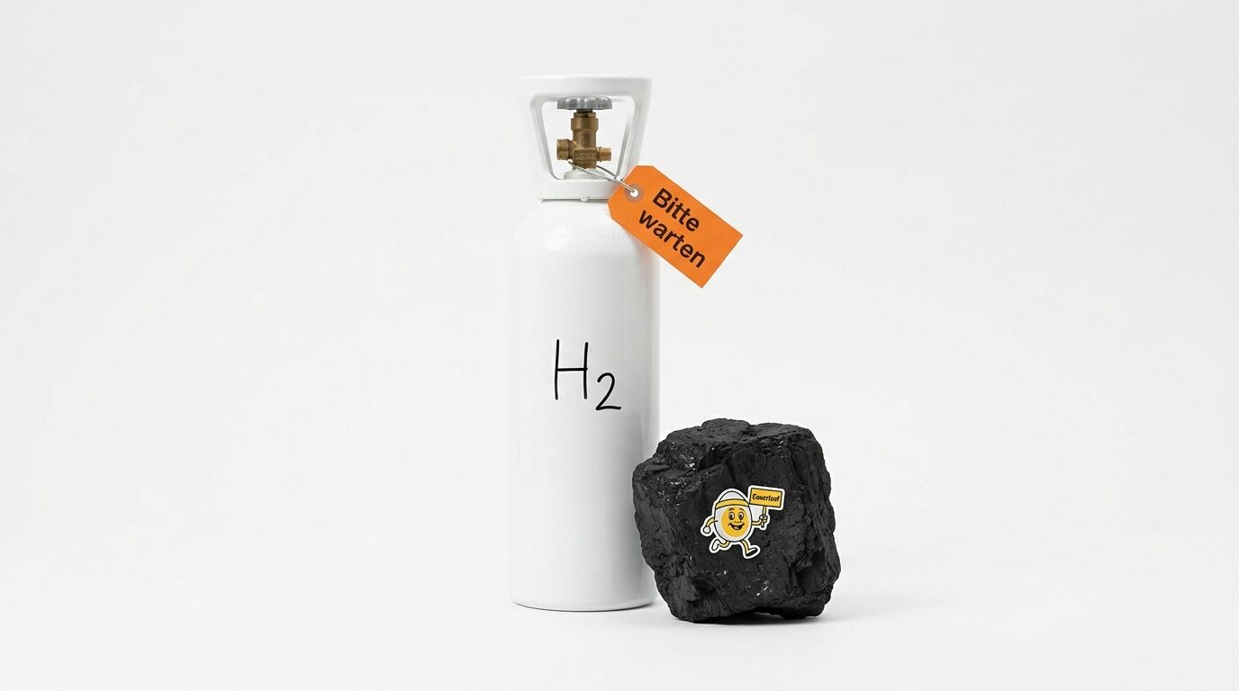Weiße H₂-Gasflasche mit „Bitte warten“-Anhänger neben einem Stück Kohle vor weißem Hintergrund