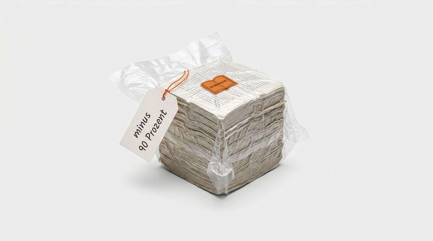 Vakuumverpackter Stapel Banknoten mit Preisschild und Textaufdruck