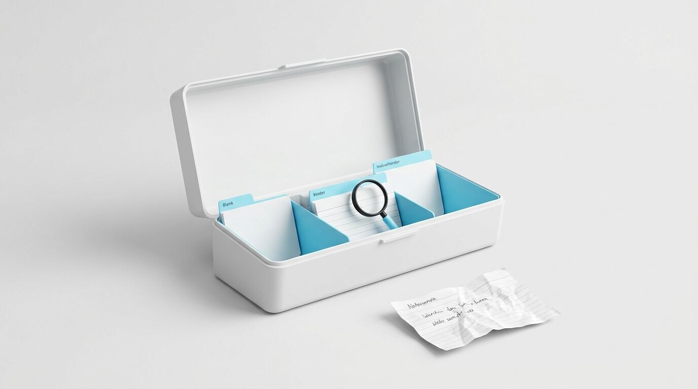 Weiße Box mit Karteikarten, Lupe und zerknüllter Notiz