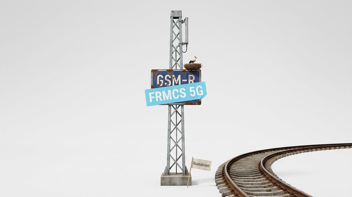 Gittermast mit FRMCS-5G-Schild, Storch im Nest, rumänischem Wimpel und Schienenbogen