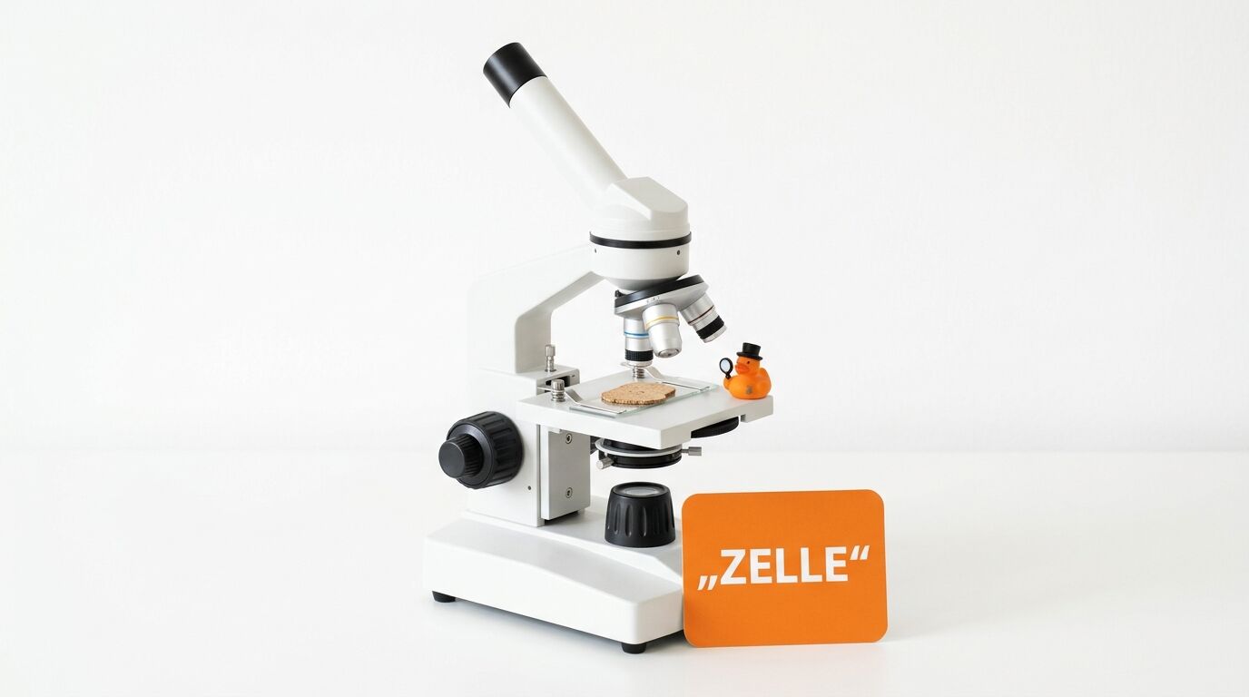 Weißes Lichtmikroskop, Holzplättchen, Spielfigur, orange Tafel „ZELLE“ vor weißem Hintergrund